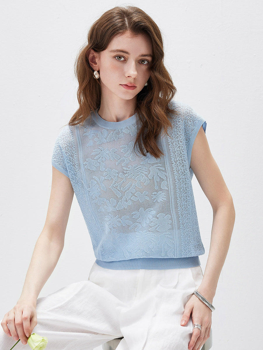 COMOBOCA Women's Semi Sheer Cap Sleeves Knit T-Shirt