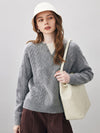 COMOBOCA Light Gray 100% Wool Women's V-Neck Cable Knit Sweater