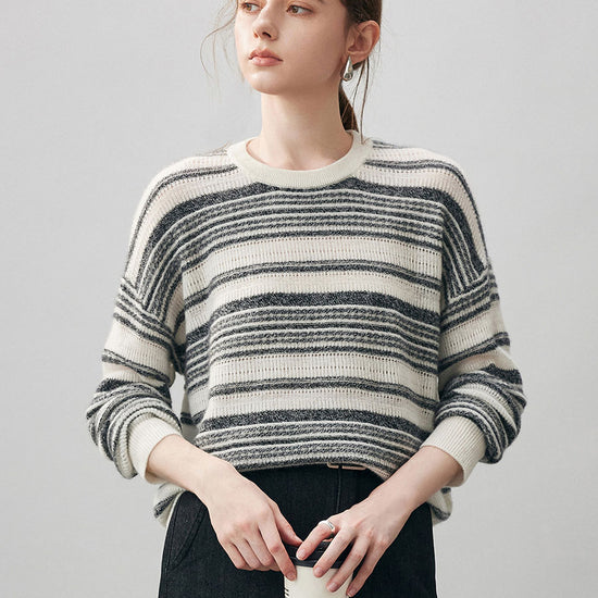COMOBOCA 100% Cashmere Women's Striped Knit Round Neck Sweater