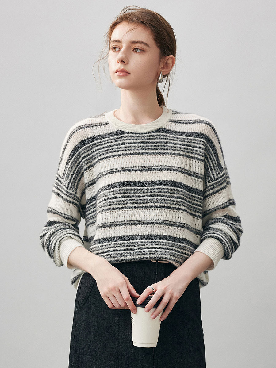 COMOBOCA 100% Cashmere Women's Striped Knit Round Neck Sweater