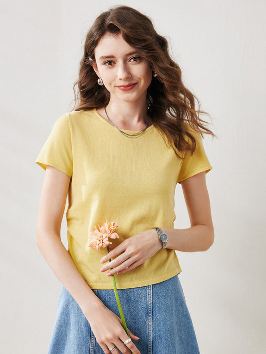 COMOBOCA Light Yellow Women's Round Neck Knit T-Shirt