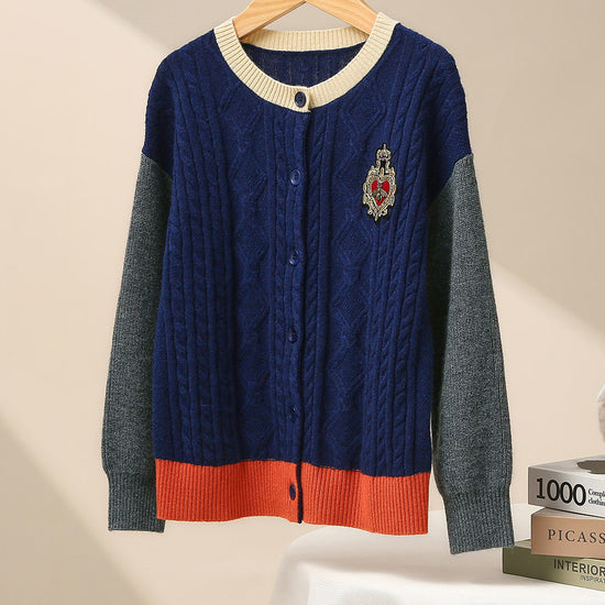 COMOBOCA Navy Blue 100% Wool Kids' Royal Embroidered Cable Knit Cardigan