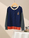 COMOBOCA Navy Blue 100% Wool Kids' Royal Embroidered Cable Knit Cardigan