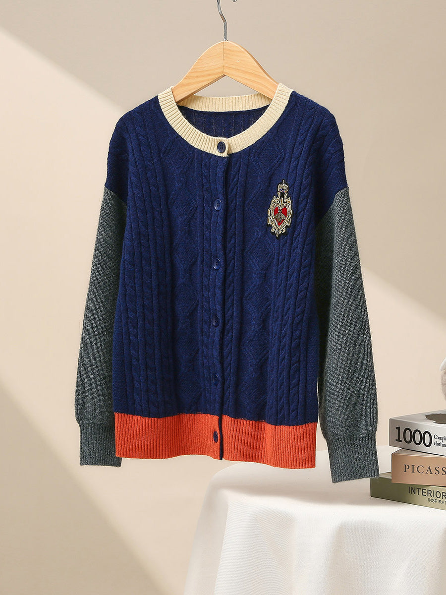COMOBOCA Navy Blue 100% Wool Kids' Royal Embroidered Cable Knit Cardigan