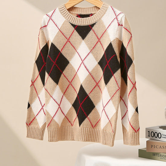 COMOBOCA 100% Wool Kids' Ribbed Argyle Knit Sweater