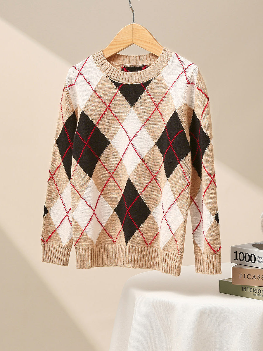 COMOBOCA 100% Wool Kids' Ribbed Argyle Knit Sweater