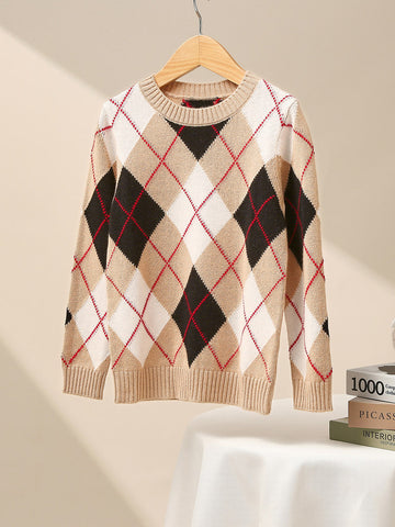 COMOBOCA 100% Wool Kids' Ribbed Argyle Knit Sweater