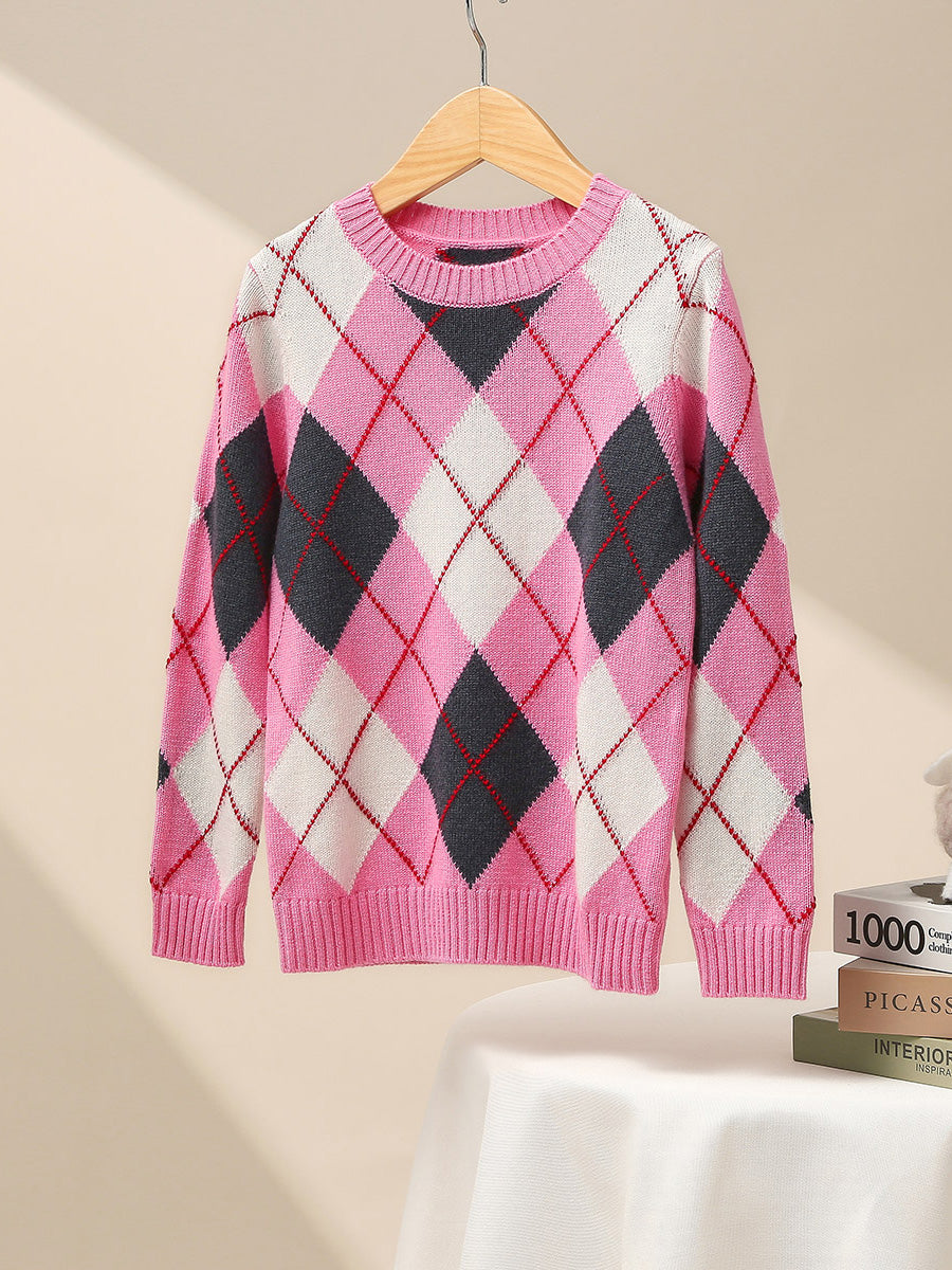 COMOBOCA 100% Wool Kids' Ribbed Argyle Knit Sweater