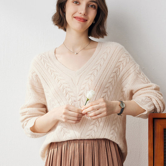 COMOBOCA CAMEL 100% Cashmere Women's V-Neck Drop Shoulder Sweater