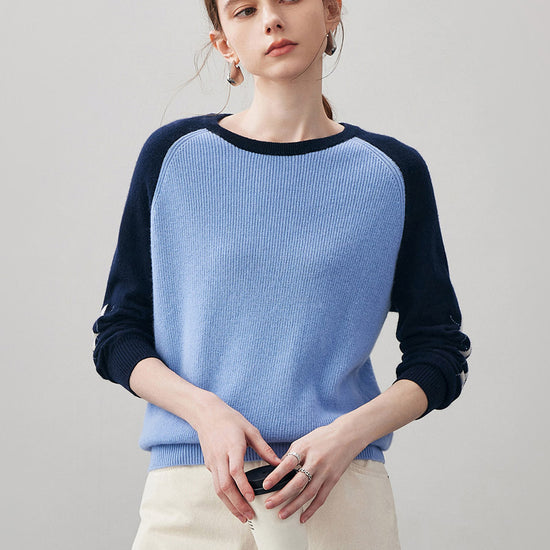 COMOBOCA Light Blue 100% Cashmere Women's Color Block Round Neck Sweater