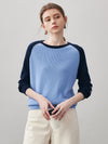 COMOBOCA Light Blue 100% Cashmere Women's Color Block Round Neck Sweater