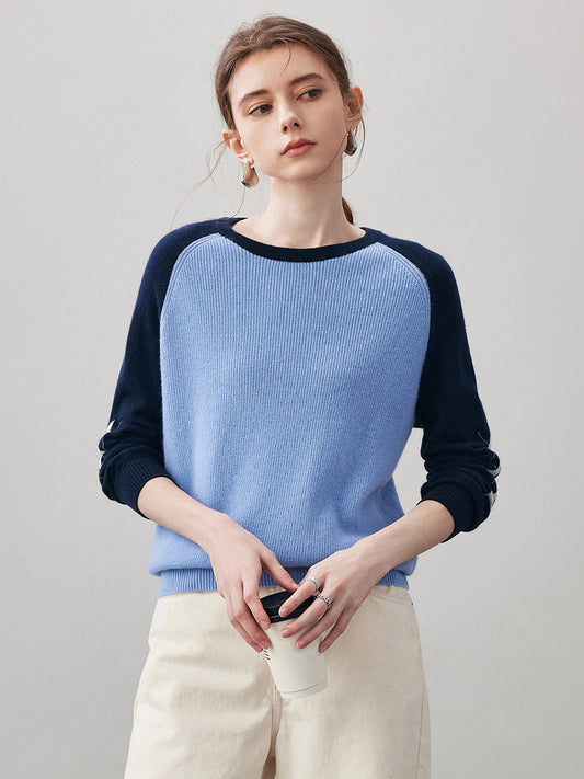 COMOBOCA Light Blue 100% Cashmere Women's Color Block Round Neck Sweater