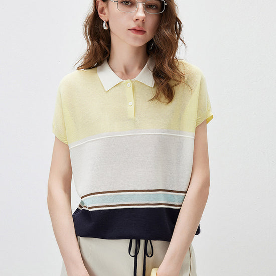 COMOBOCA Striped Women's Color Block Striped Polo Knit T-Shirt