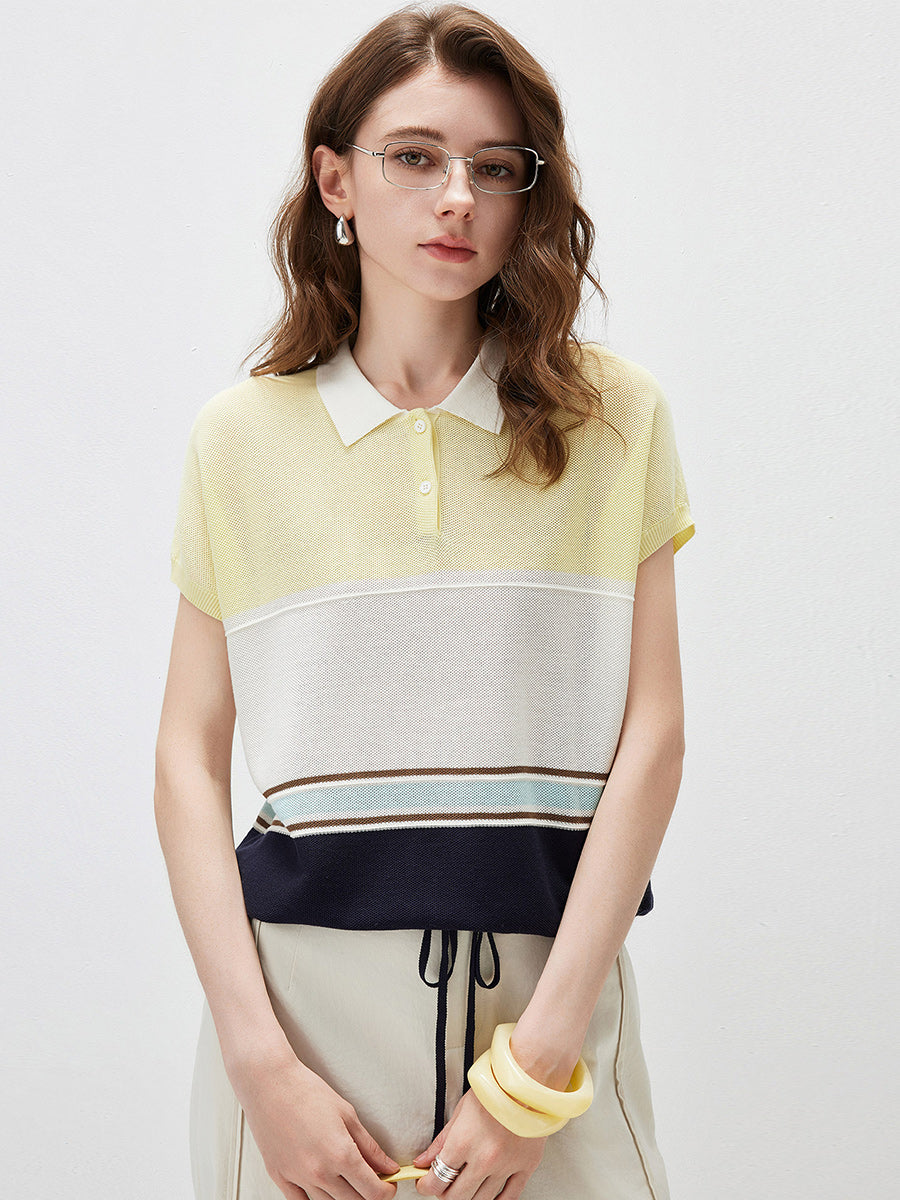 COMOBOCA Striped Women's Color Block Striped Polo Knit T-Shirt