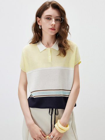 COMOBOCA Striped Women's Color Block Striped Polo Knit T-Shirt