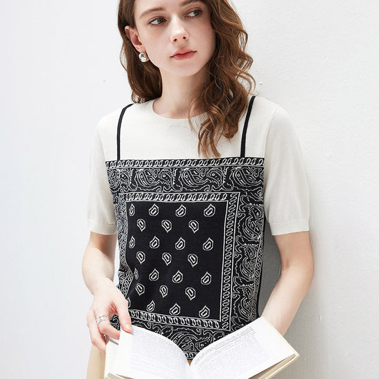COMOBOCA Women's 2-in-1 Bandana Print Knit Top