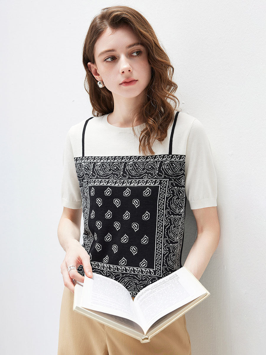 COMOBOCA Women's 2-in-1 Bandana Print Knit Top