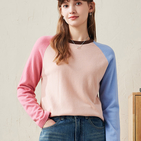 COMOBOCA Light Blue 100% Wool Women's Color Block Knit Sweater