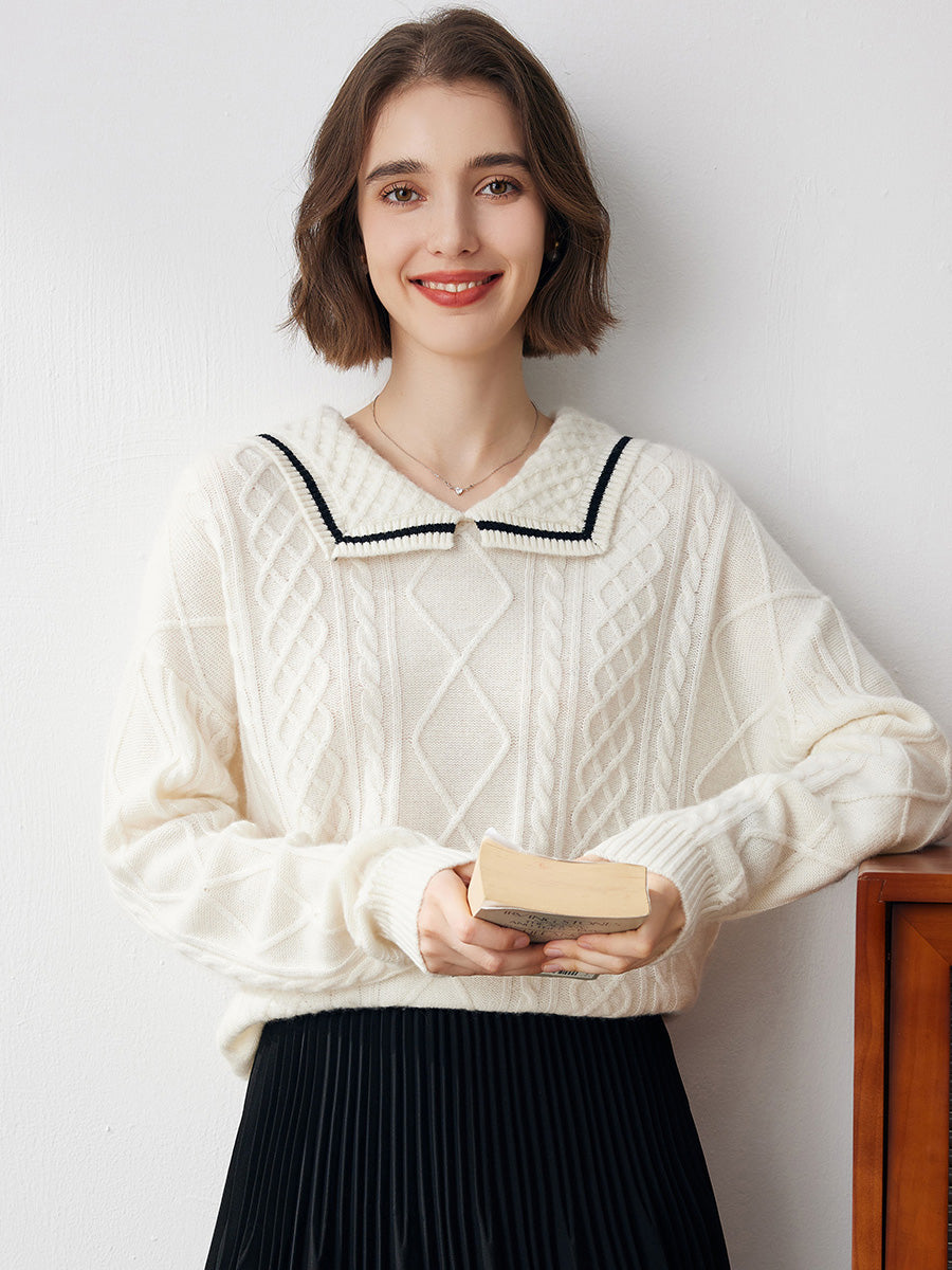 COMOBOCA Cloudy 100% Cashmere Women's Sailor Collar Cable Knit Sweater