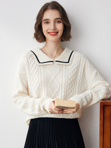 COMOBOCA Cloudy 100% Cashmere Women's Sailor Collar Cable Knit Sweater