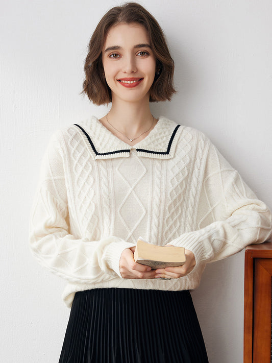 COMOBOCA Cloudy 100% Cashmere Women's Sailor Collar Cable Knit Sweater