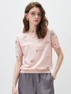 COMOBOCA Light Pink Women's Floral Embroidery Knit T-Shirt