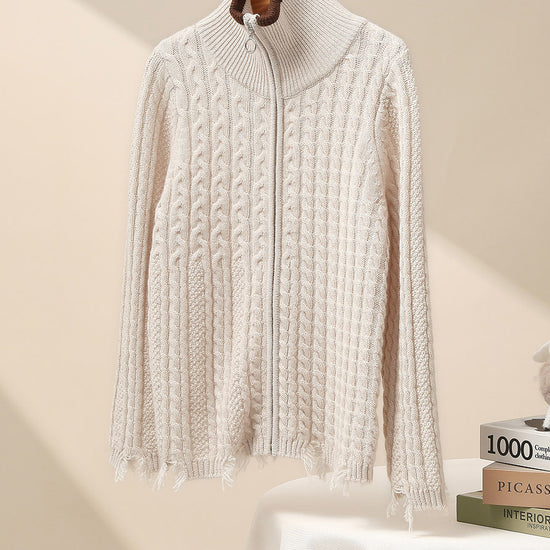 COMOBOCA 100% Wool Kid's Cable Knit Turtleneck Zip Up Cardigan