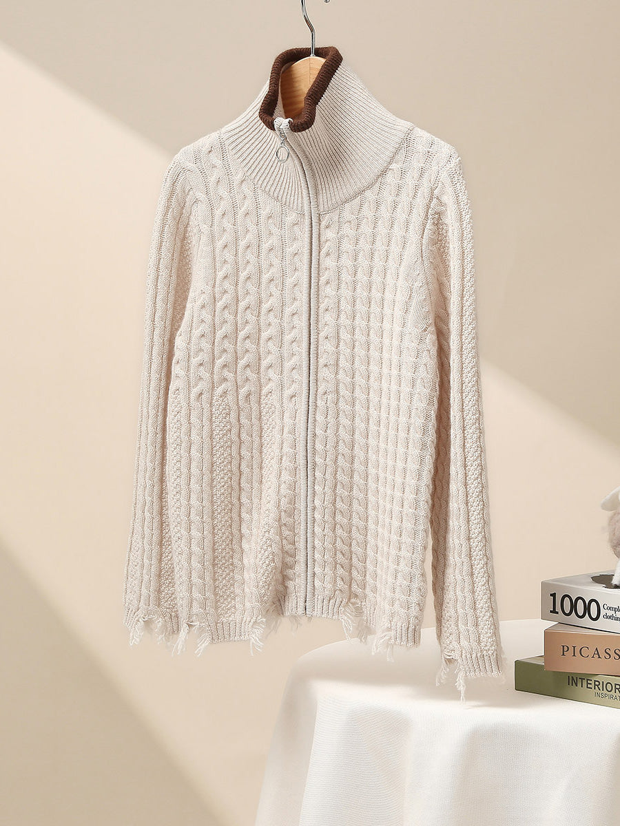 COMOBOCA 100% Wool Kid's Cable Knit Turtleneck Zip Up Cardigan