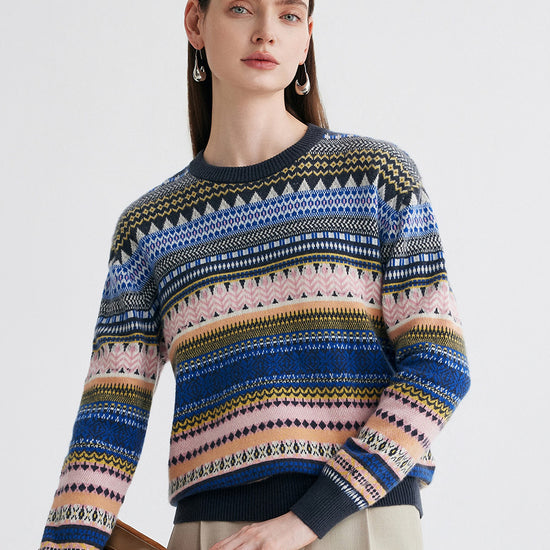 COMOBOCA 100% Cashmere Women's Fair Isle Round Neck Sweater