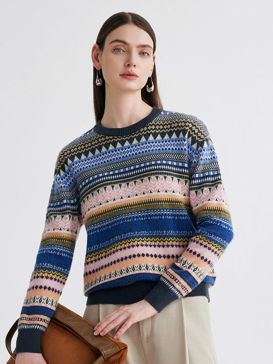 COMOBOCA 100% Cashmere Women's Fair Isle Round Neck Sweater