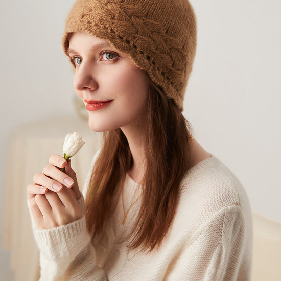 COMOBOCA Spring Garden 100% Cashmere Women's Crochet Trim Cable Knit Beanie