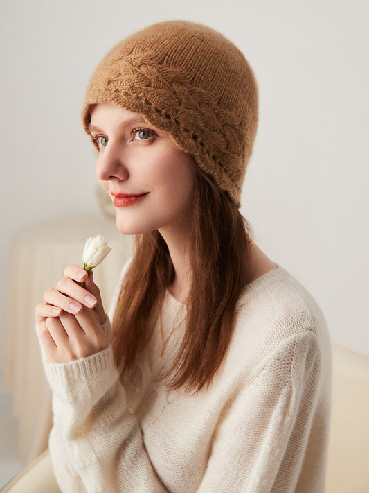 COMOBOCA Spring Garden 100% Cashmere Women's Crochet Trim Cable Knit Beanie