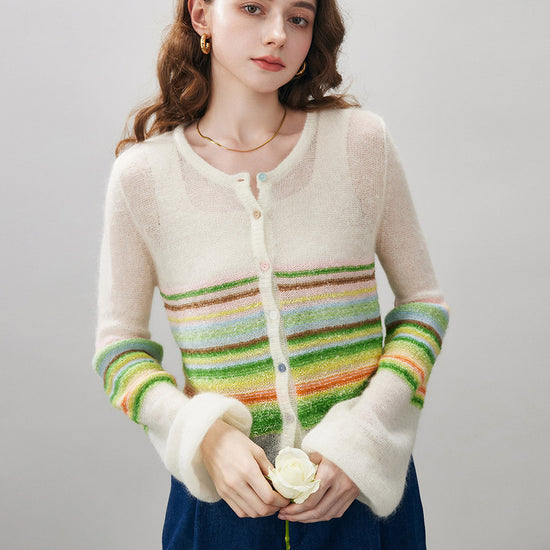 COMOBOCA Striped Women's Rainbow Striped Button Down Cardigan