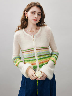 COMOBOCA Striped Women's Rainbow Striped Button Down Cardigan