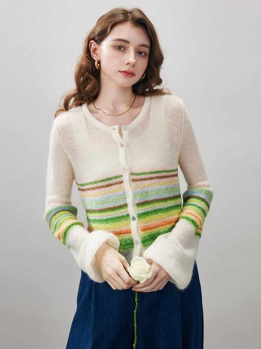 COMOBOCA Striped Women's Rainbow Striped Button Down Cardigan