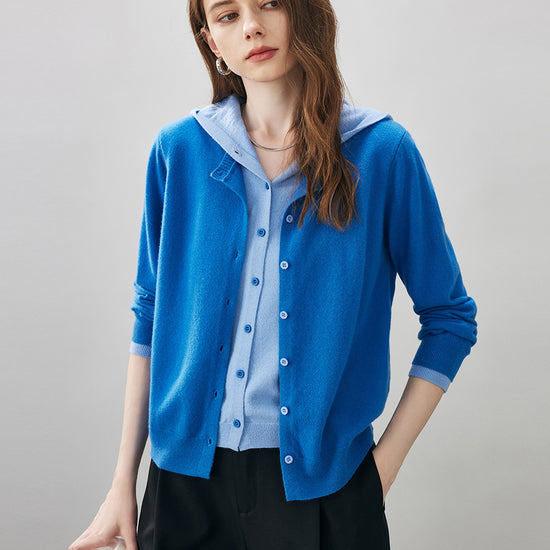 COMOBOCA Blue 100% Wool Women's Contrast Button Down Hoodie