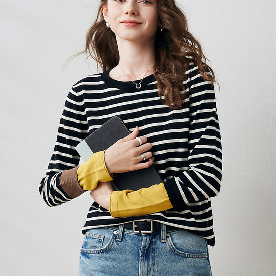 COMOBOCA Women's Striped Round Neck T-Shirt Sweater