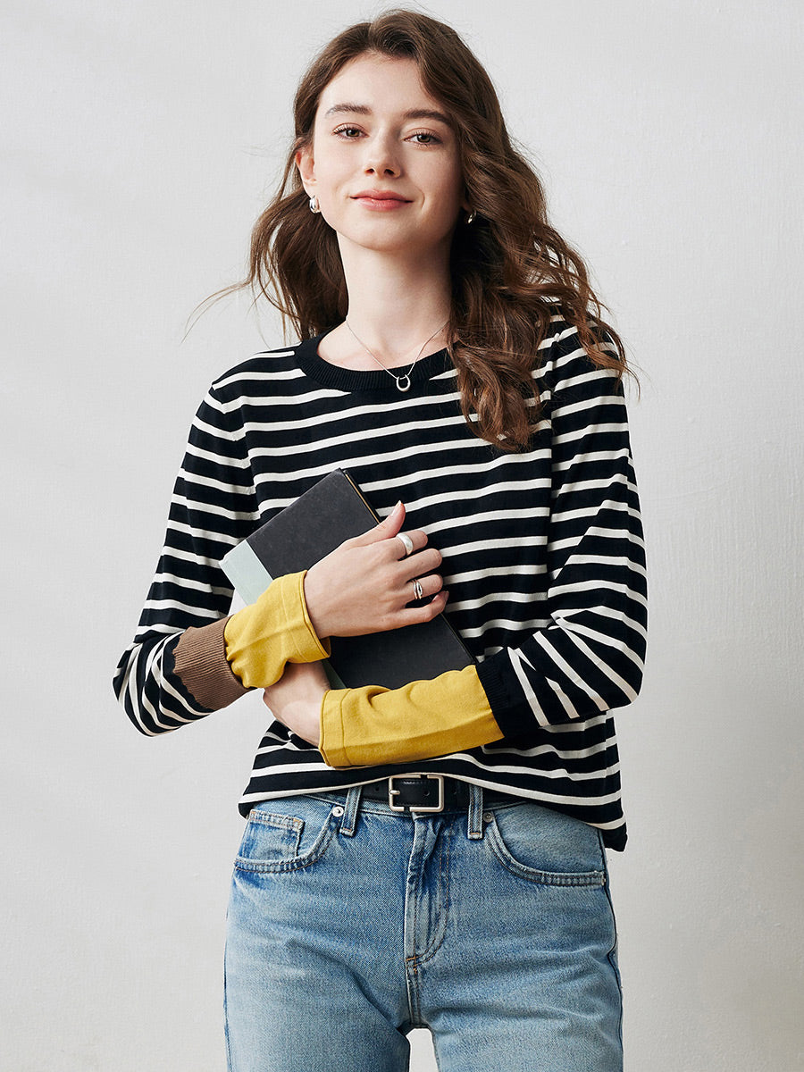 COMOBOCA Women's Striped Round Neck T-Shirt Sweater