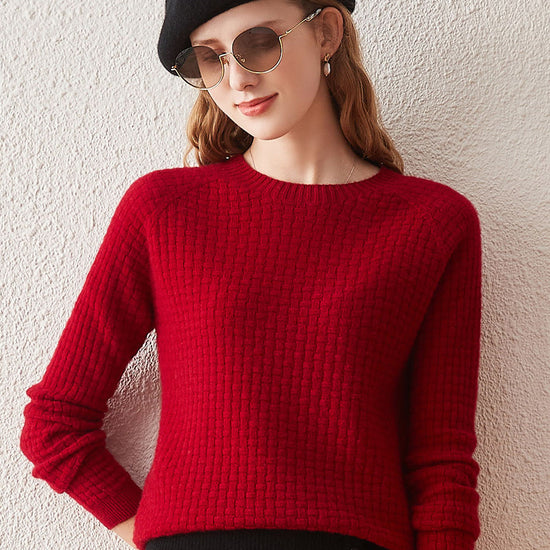 COMOBOCA 100% Cashmere Women's Round Neck Ribbed Knit Sweater
