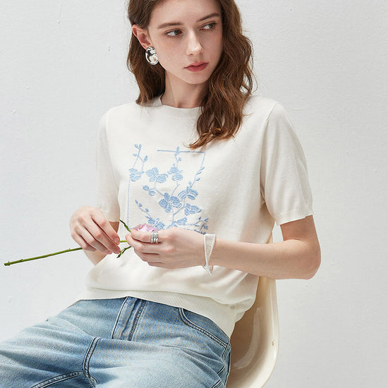 COMOBOCA Women's Floral Embroidered Ribbed Knit T-Shirt