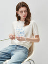 COMOBOCA Women's Floral Embroidered Ribbed Knit T-Shirt