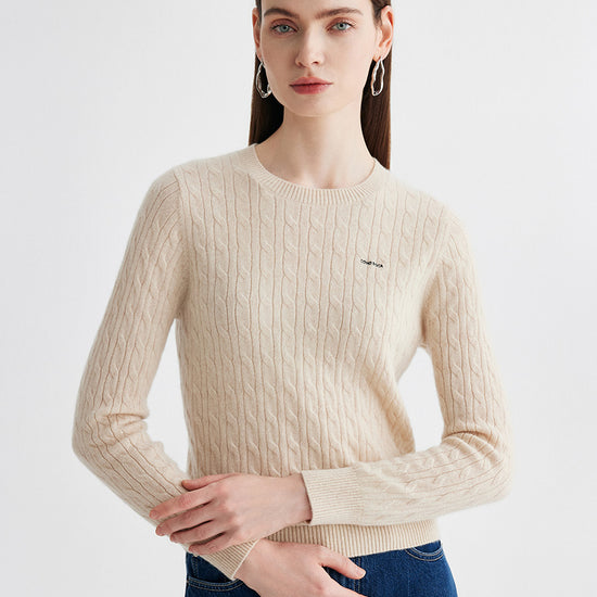 COMOBOCA Beige 100% Cashmere Women's Cable Round Neck Knit Sweater