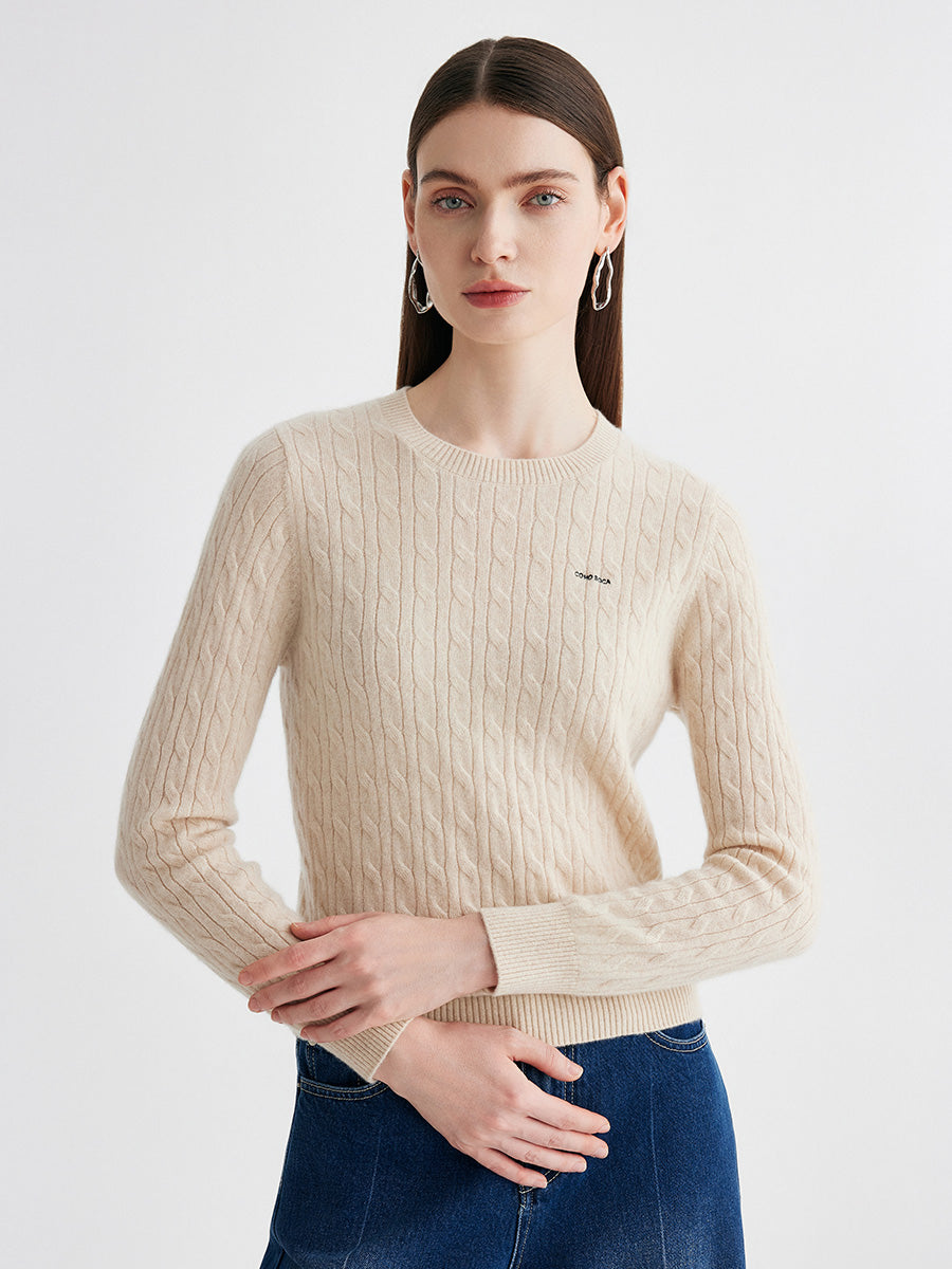 COMOBOCA Beige 100% Cashmere Women's Cable Round Neck Knit Sweater
