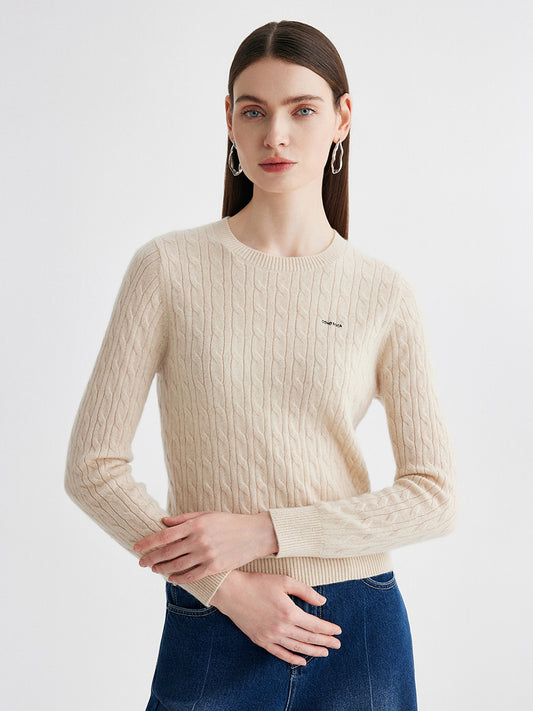 COMOBOCA Beige 100% Cashmere Women's Cable Round Neck Knit Sweater