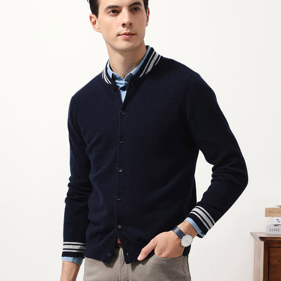 COMOBOCA Navy Blue 100% Cashmere Men's Striped Collar Button Cardigan