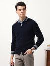 COMOBOCA Navy Blue 100% Cashmere Men's Striped Collar Button Cardigan