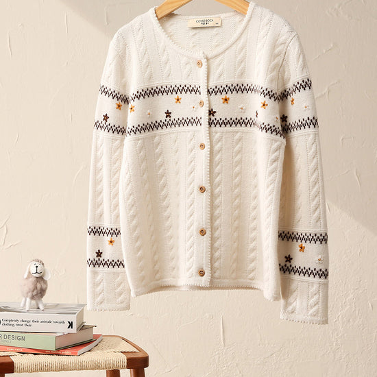 COMOBOCA White 100% Wool Kid's Floral Embroidered Cable Knit Cardigan