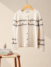 COMOBOCA White 100% Wool Kid's Floral Embroidered Cable Knit Cardigan