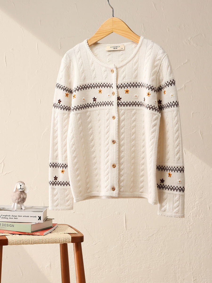 COMOBOCA White 100% Wool Kid's Floral Embroidered Cable Knit Cardigan