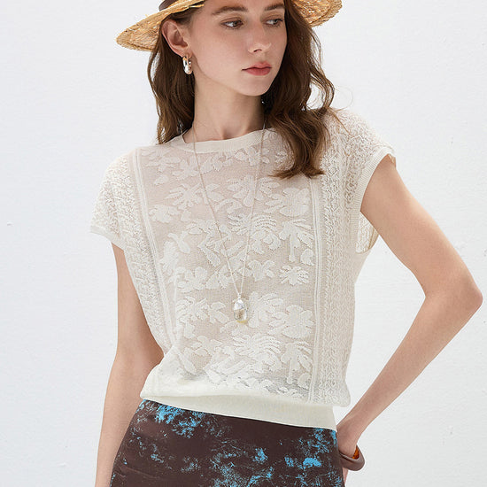 COMOBOCA Cloudy Women's Semi Sheer Cap Sleeves Knit T-Shirt